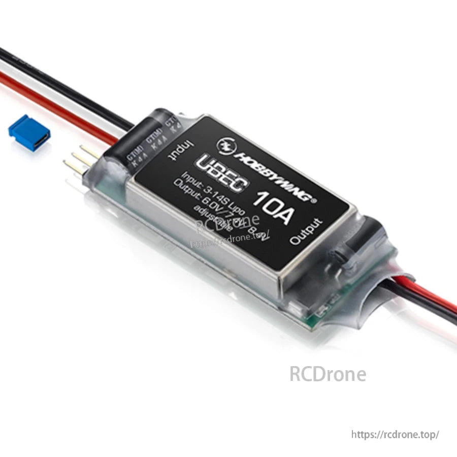 Hobbywing UBEC 10A HV voltage regulator module with 3–14S LiPo input and adjustable 6.0–8.4V output leads