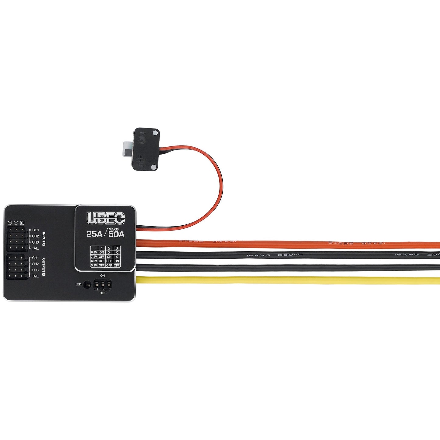 Hobbywing UBEC 25A switch-mode voltage regulator with on/off switch, DIP output settings, and 16AWG leads