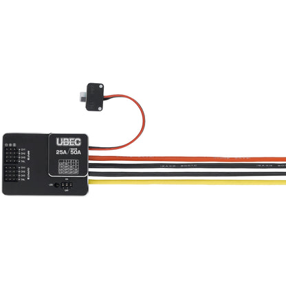 Hobbywing UBEC 25A switch-mode voltage regulator with on/off switch, DIP output settings, and 16AWG leads