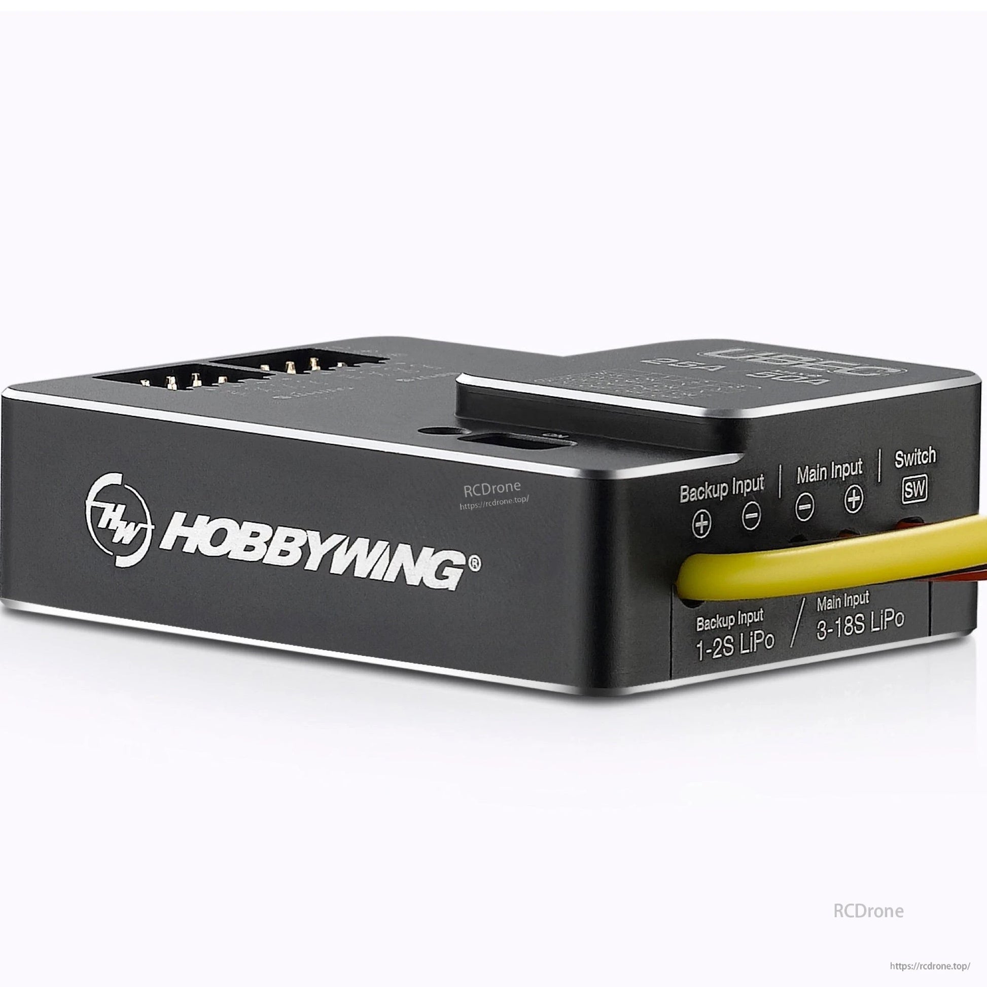 Hobbywing UBEC module with main input 3–18S LiPo, backup input 1–2S LiPo, and SW switch port