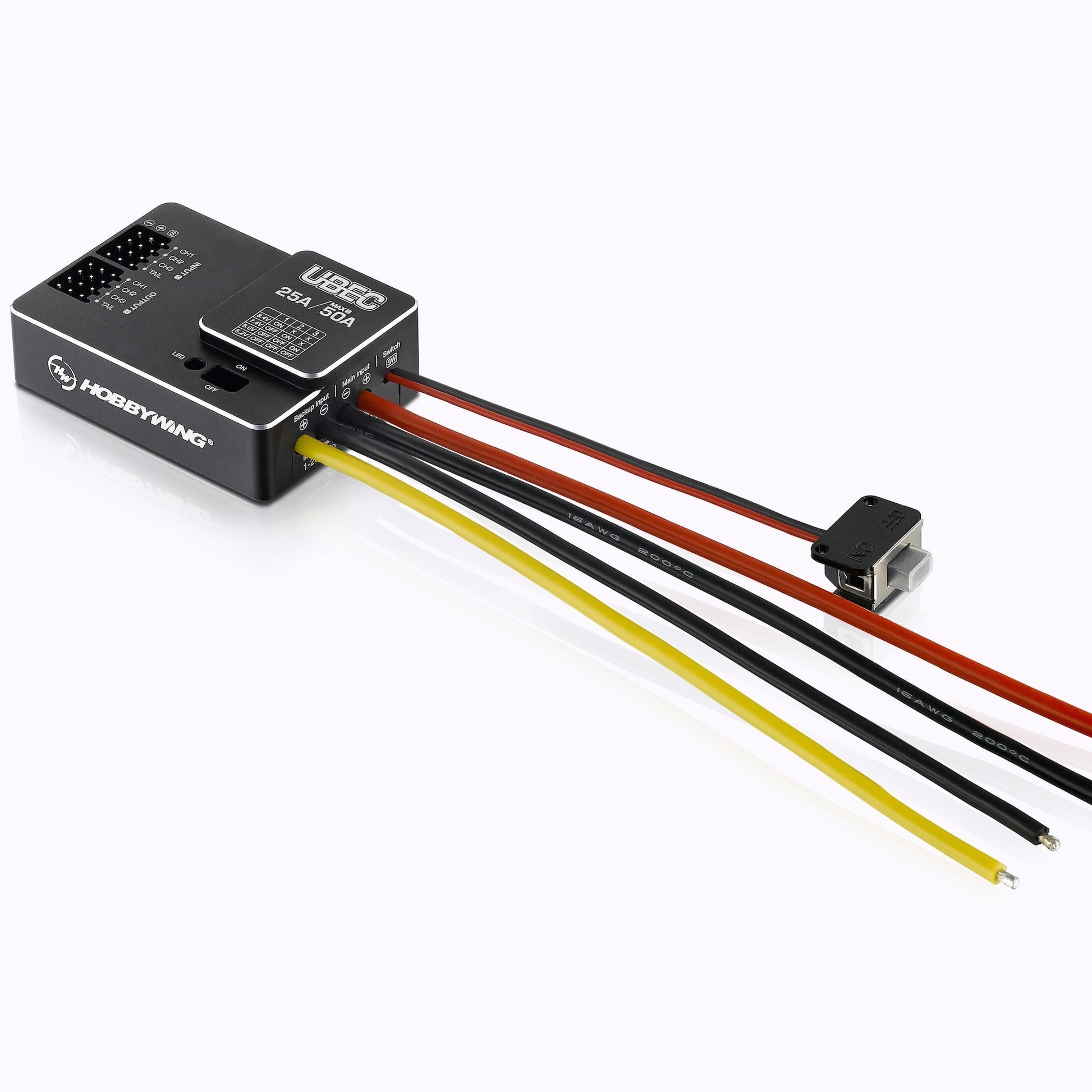 Hobbywing UBEC 25A/50A switch-mode voltage regulator module with on/off switch and input/output wires