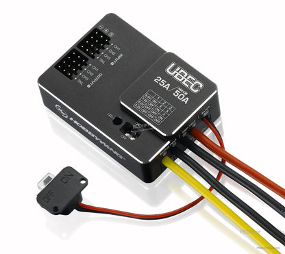 Hobbywing UBEC 25A switch-mode BEC module with on/off switch, input leads, and adjustable voltage DIP switch chart