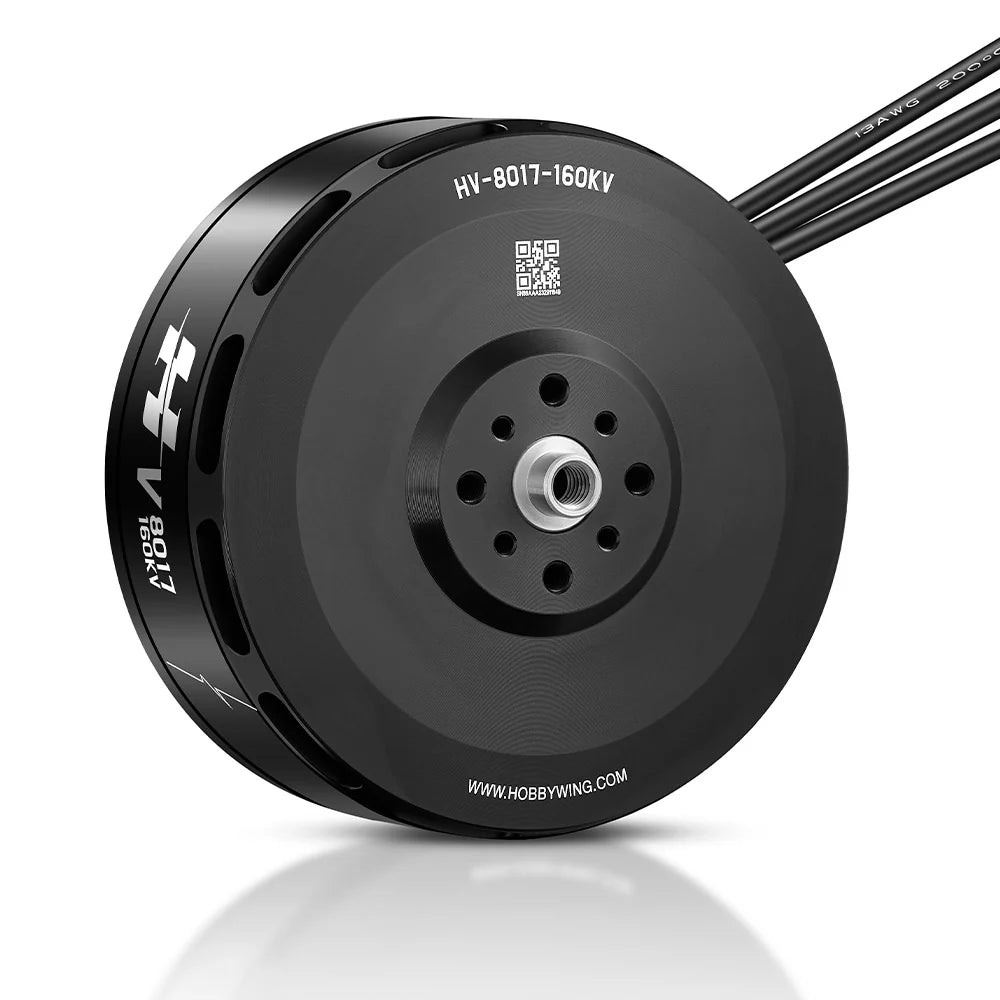 Hobbywing V8017 160KV IPC Motor, Hobbywing HV-8017 160KV brushless motor with black housing, mounting holes, and three output wires