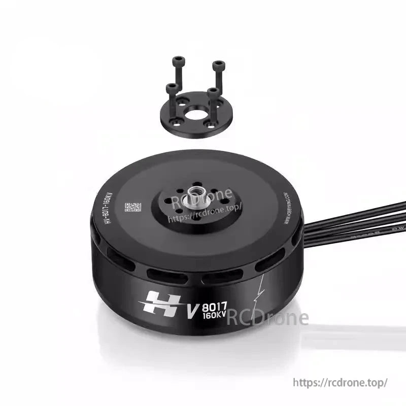 Hobbywing V8017 160KV IPC Motor, Hobbywing V8017 160KV IPC brushless motor with black housing, attached wires, and mounting plate screws