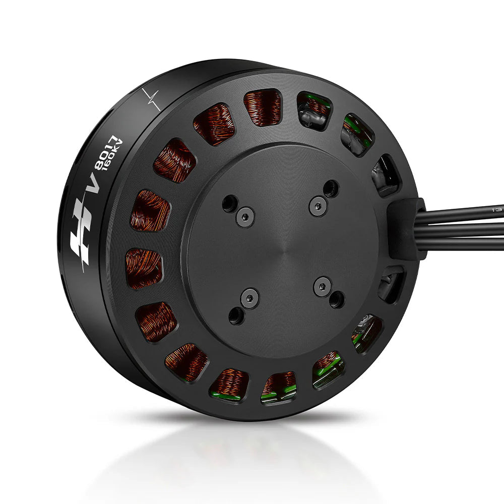 Hobbywing V8017 160KV IPC Motor, Hobbywing V8017 160KV brushless outrunner motor with black housing, visible copper windings and three motor leads