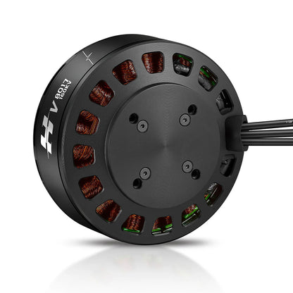 Hobbywing V8017 160KV IPC Motor, Hobbywing V8017 160KV brushless outrunner motor with black housing, visible copper windings and three motor leads