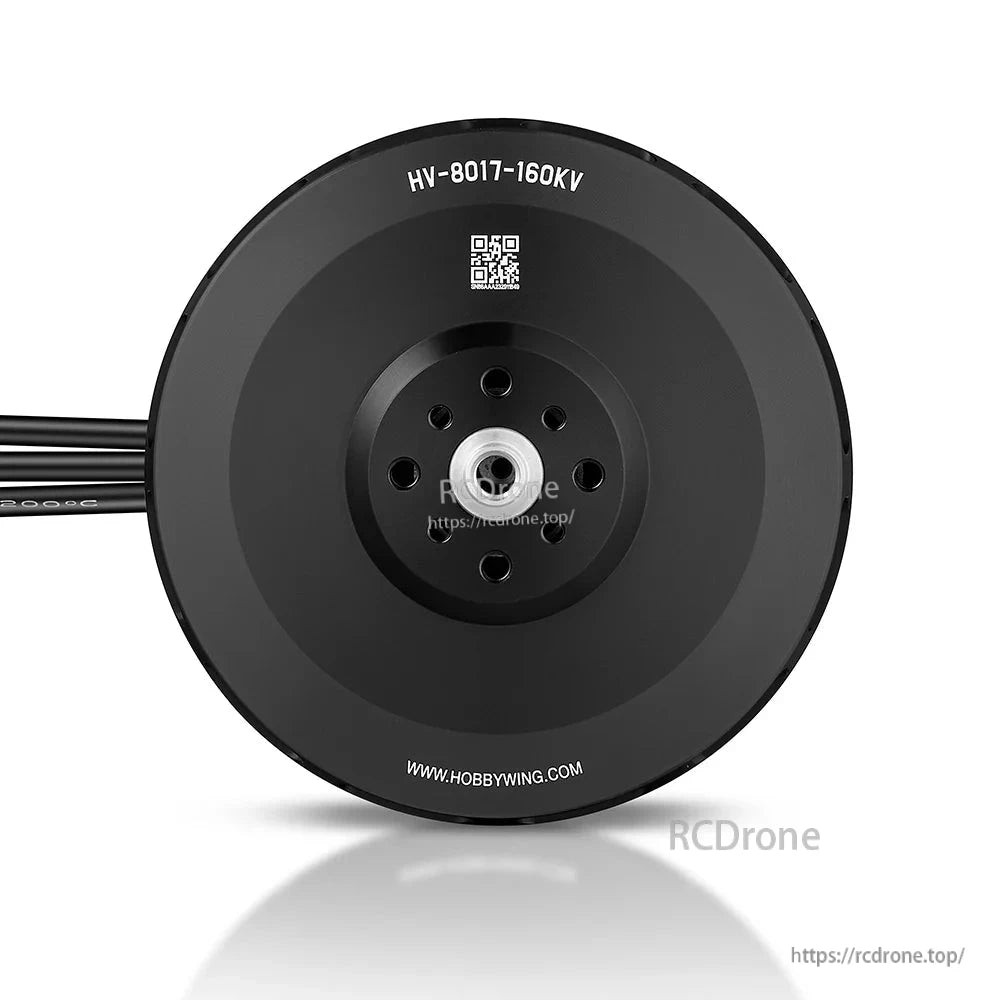 Hobbywing V8017 160KV IPC Motor, Front view of Hobbywing HV-8017-160KV IPC motor with central shaft bore, bolt pattern, and attached wires