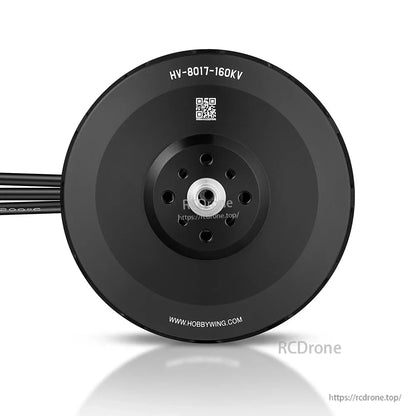 Hobbywing V8017 160KV IPC Motor, Front view of Hobbywing HV-8017-160KV IPC motor with central shaft bore, bolt pattern, and attached wires