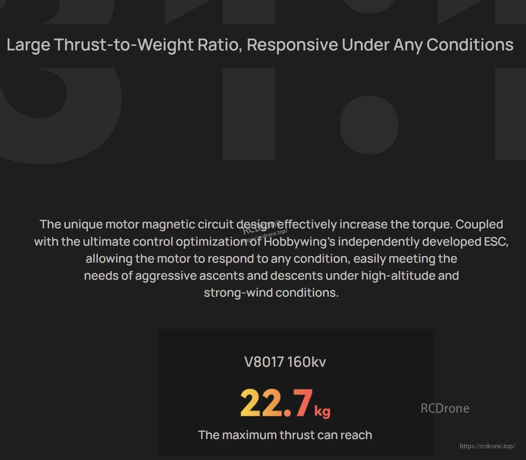 Hobbywing V8017 160KV IPC Motor, Hobbywing V8017 160KV motor spec graphic listing 22.7 kg maximum thrust and thrust-to-weight ratio claim