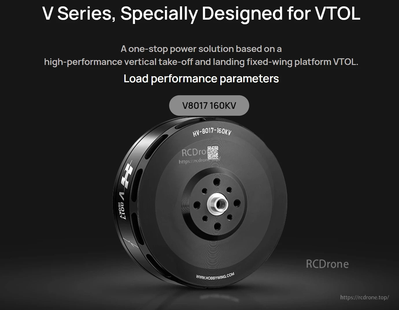 Hobbywing V8017 160KV IPC Motor, Hobbywing V8017 160KV brushless motor with black housing, ventilation slots, and front mounting hole pattern