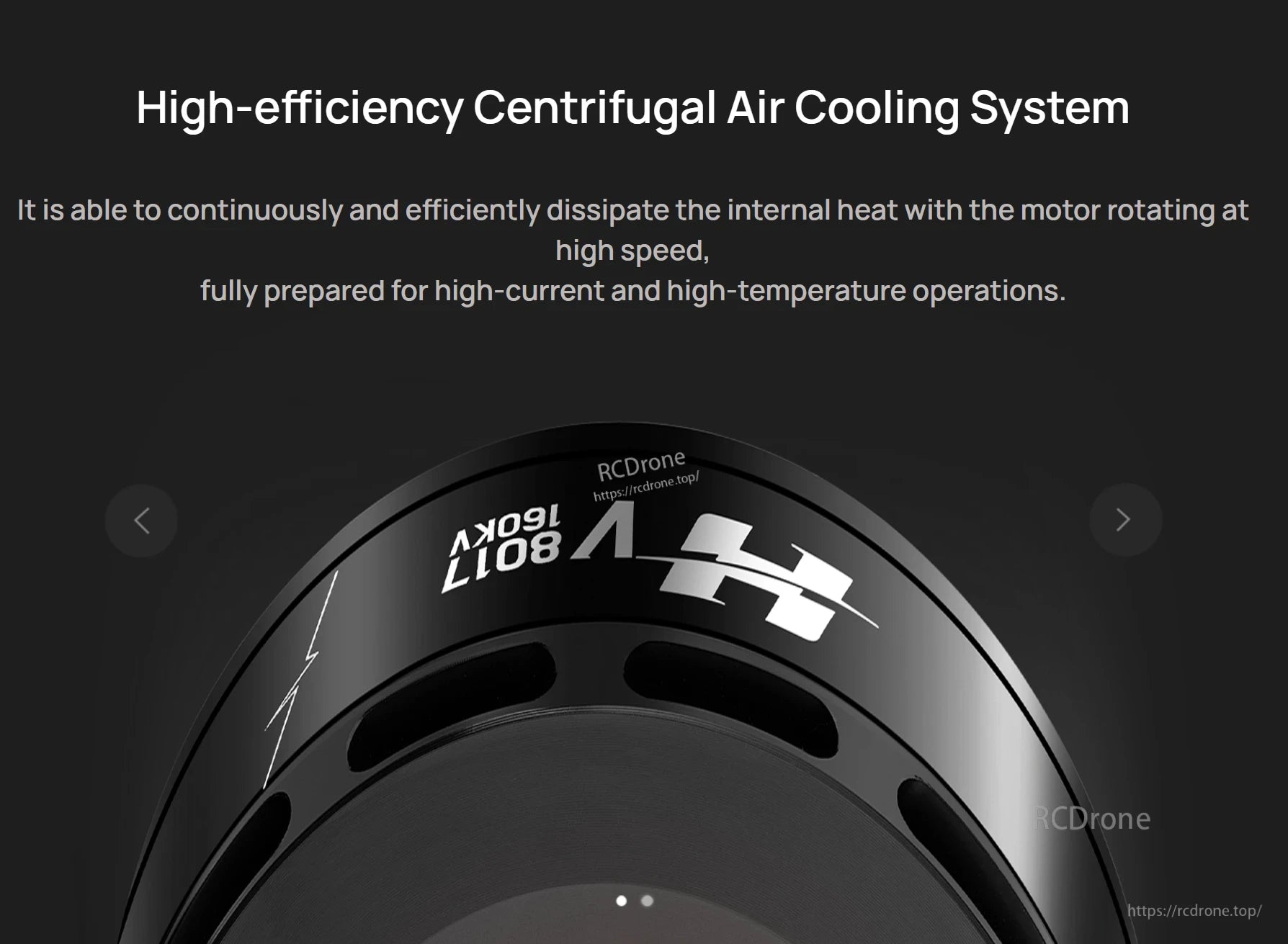 Hobbywing V8017 160KV IPC Motor, Close-up of Hobbywing V8017 160KV motor can with ventilation slots and centrifugal air cooling system label.