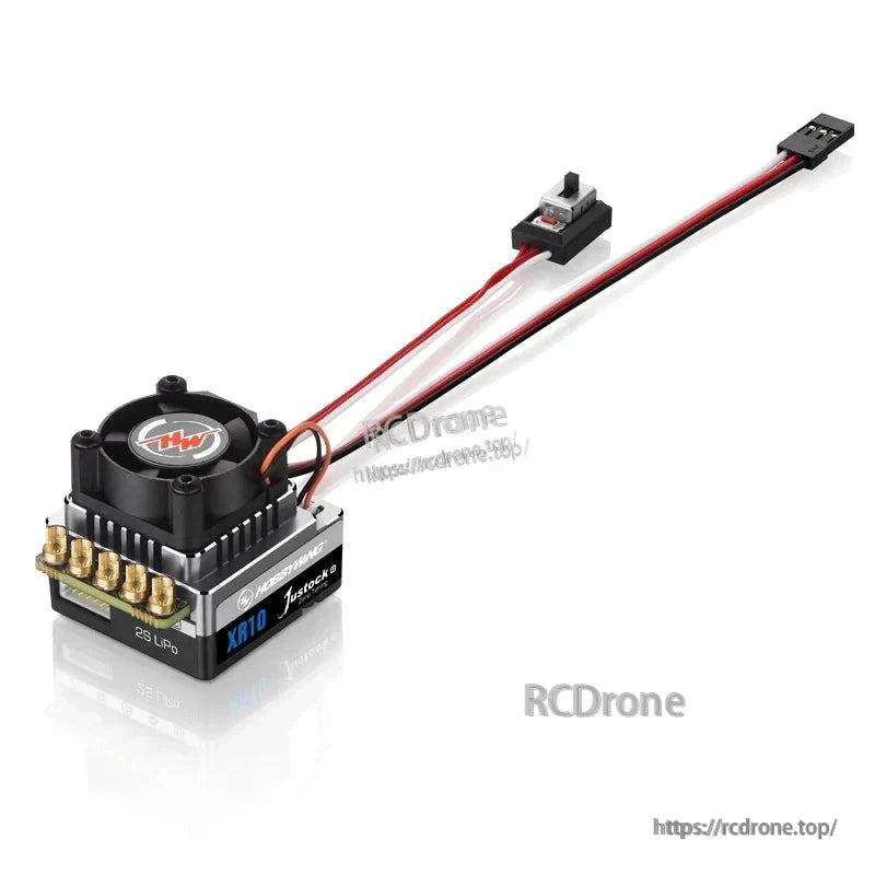 Hobbywing XR10 Justock G3 brushless ESC with cooling fan, power switch, and 2S LiPo wiring for 1/10 RC cars