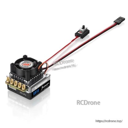Hobbywing XR10 Justock G3 brushless ESC with cooling fan, power switch, and 2S LiPo wiring for 1/10 RC cars