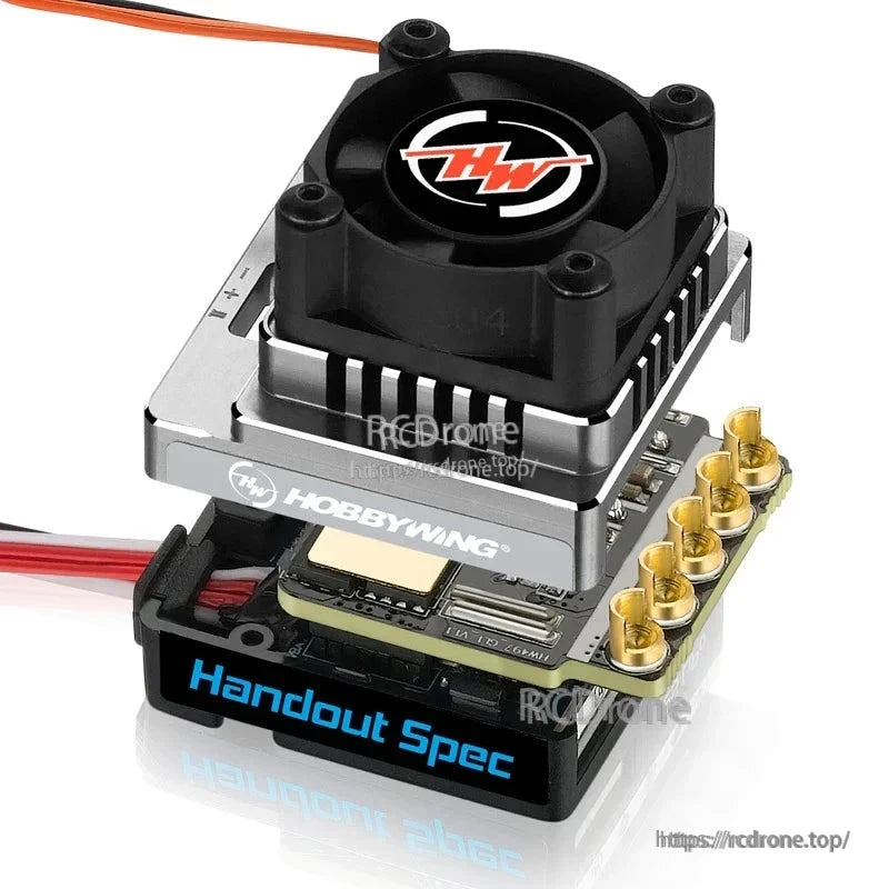 Hobbywing XERUN XR10 Justock G3 brushless ESC with cooling fan and gold motor bullet connectors