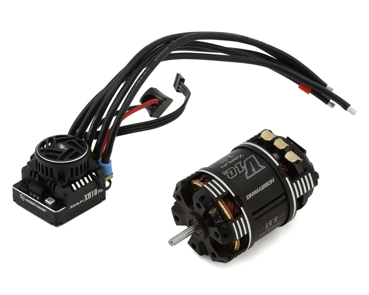 Hobbywing XR10 Pro G3 sensored brushless ESC with cooling fan, motor leads, and matching brushless motor