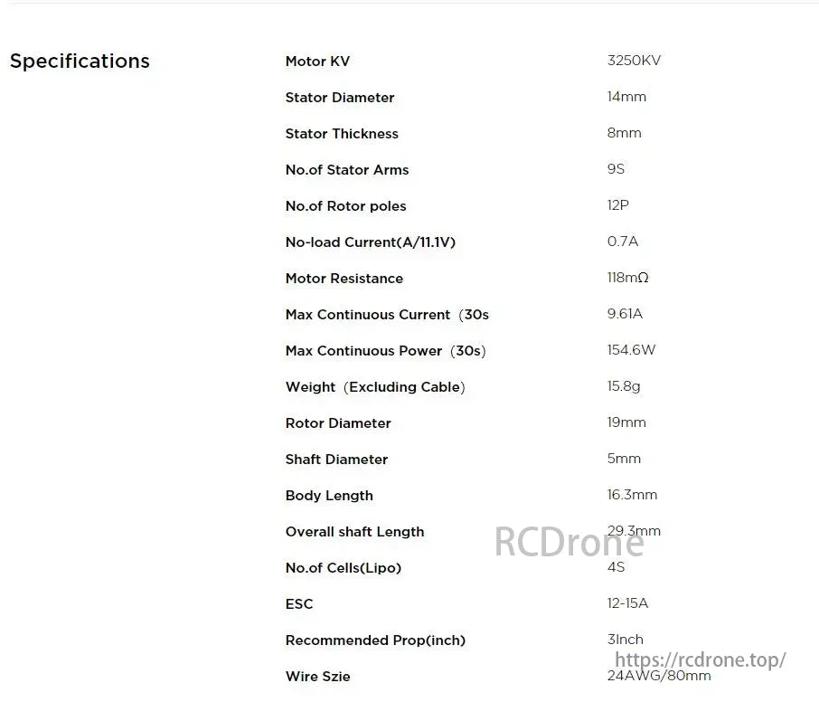 Hobbywing XRotor 1408 Race Pro 4S Brushless Motor, XRotor 1408 Race Pro 4S motor, 3250KV, 14mm stator, 9.61A current, 154.6W power, 15.8g weight, for 4S Lipo, 3-inch prop.