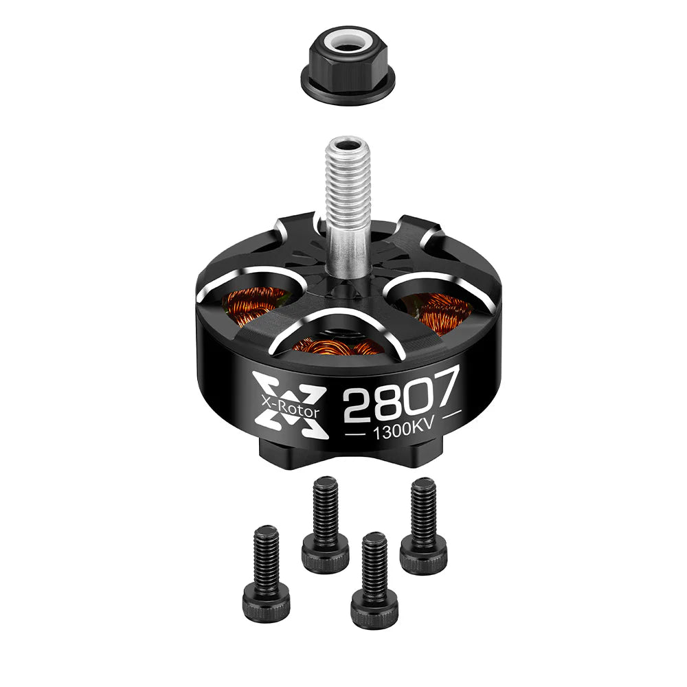 Hobbywing XRotor 2807 1300KV FPV brushless motor with threaded shaft, prop nut, and mounting screws