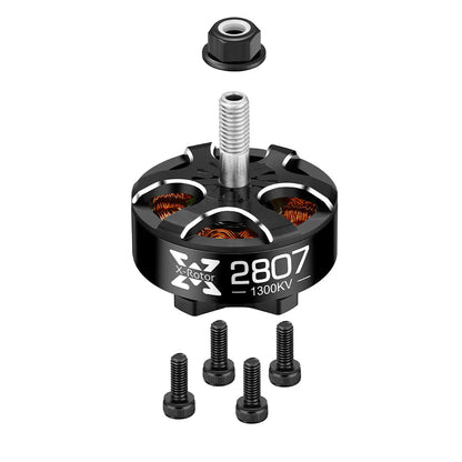 Hobbywing XRotor 2807 1300KV FPV brushless motor with threaded shaft, prop nut, and mounting screws