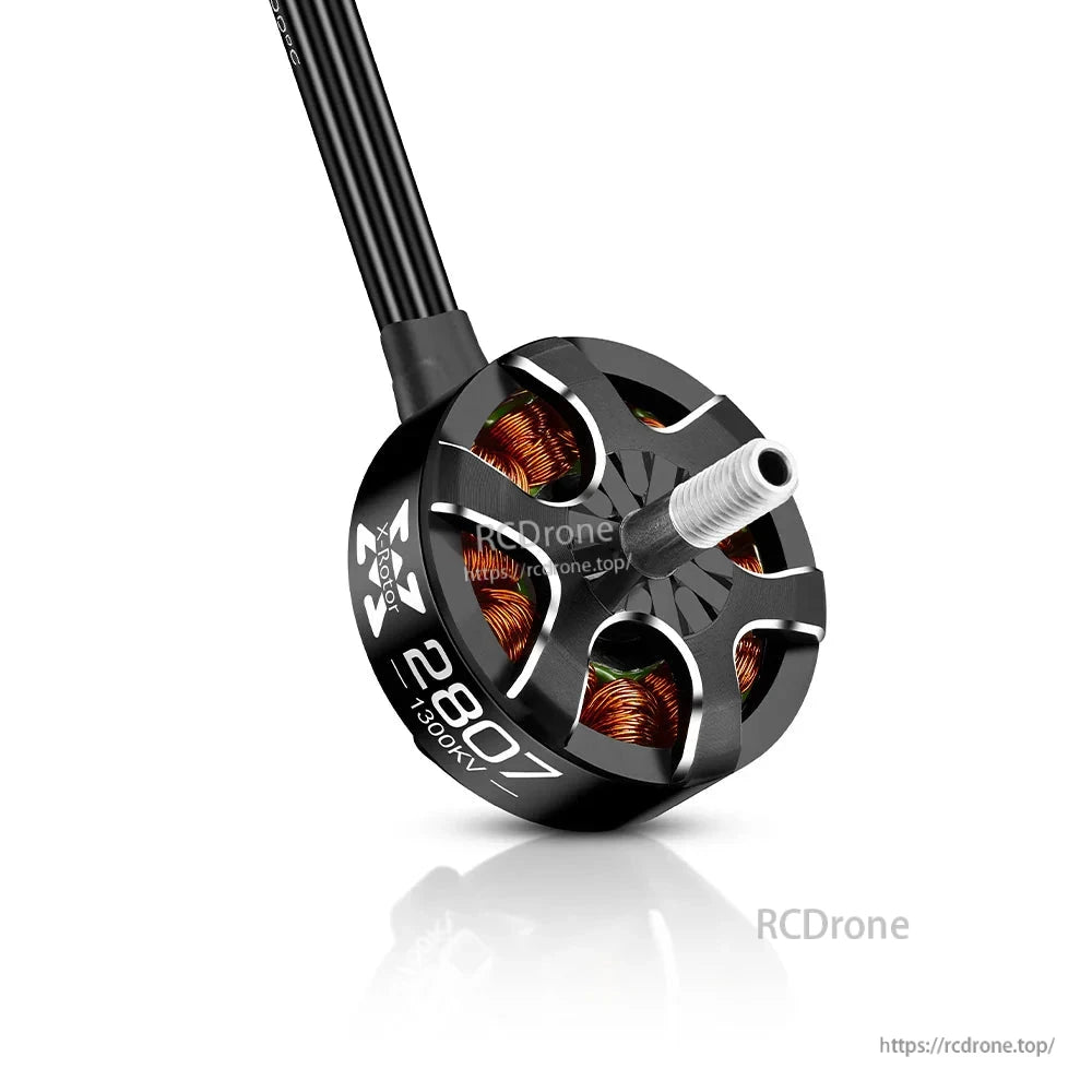 Hobbywing XRotor 2807 1300KV FPV brushless motor with black bell, copper windings, and threaded prop shaft