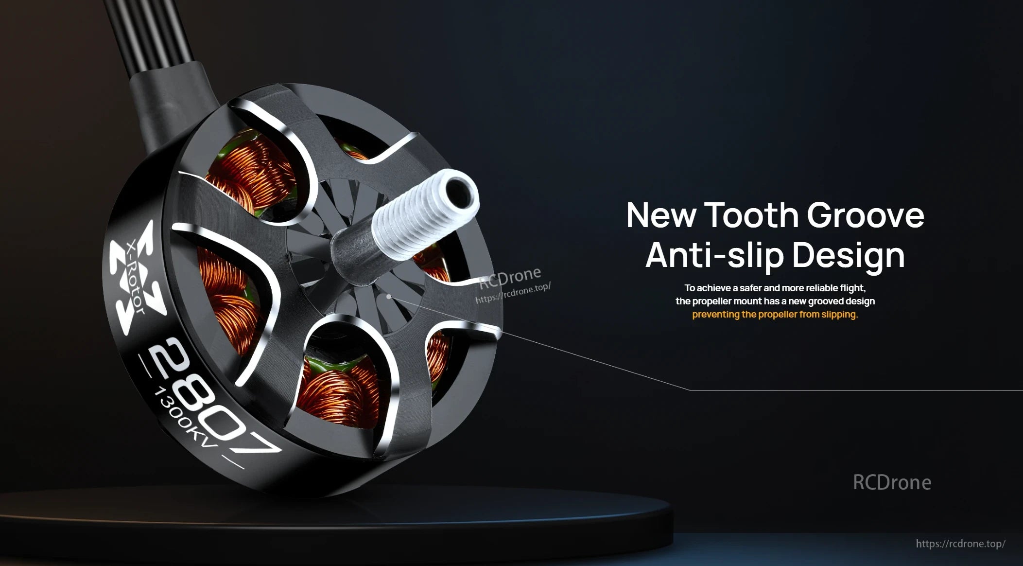 Hobbywing XRotor 2807 1300KV FPV brushless motor with grooved anti-slip propeller mount and exposed copper windings