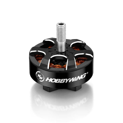 Hobbywing XRotor 2807 FPV brushless motor with black housing, visible copper windings and threaded shaft