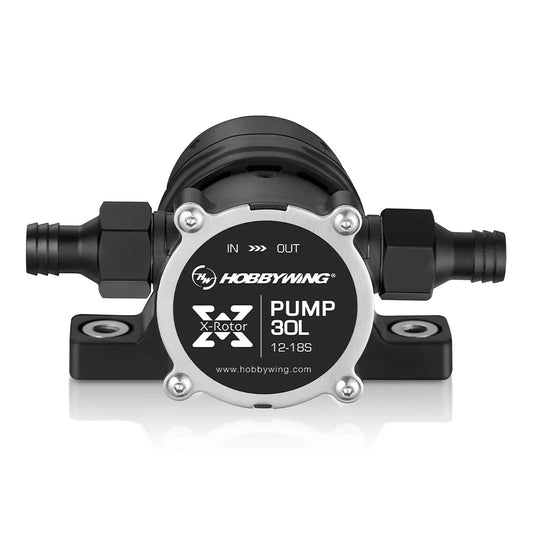 Hobbywing XRotor 30L Brushless Water Pump, Hobbywing XRotor Pump 30L brushless water pump with IN/OUT ports, mounting base, and 12–18S label