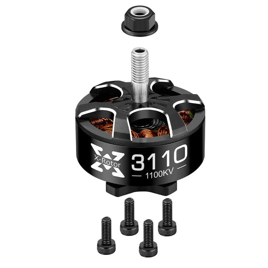 Hobbywing XRotor 3110 brushless FPV motor marked 1100KV, with prop nut and four mounting screws