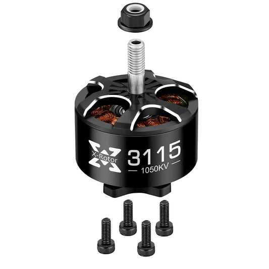 Hobbywing XRotor 3115 Brushless FPV Motor, Hobbywing X‑Rotor 3115 1050KV black brushless FPV motor with threaded shaft, prop nut and four mounting screws
