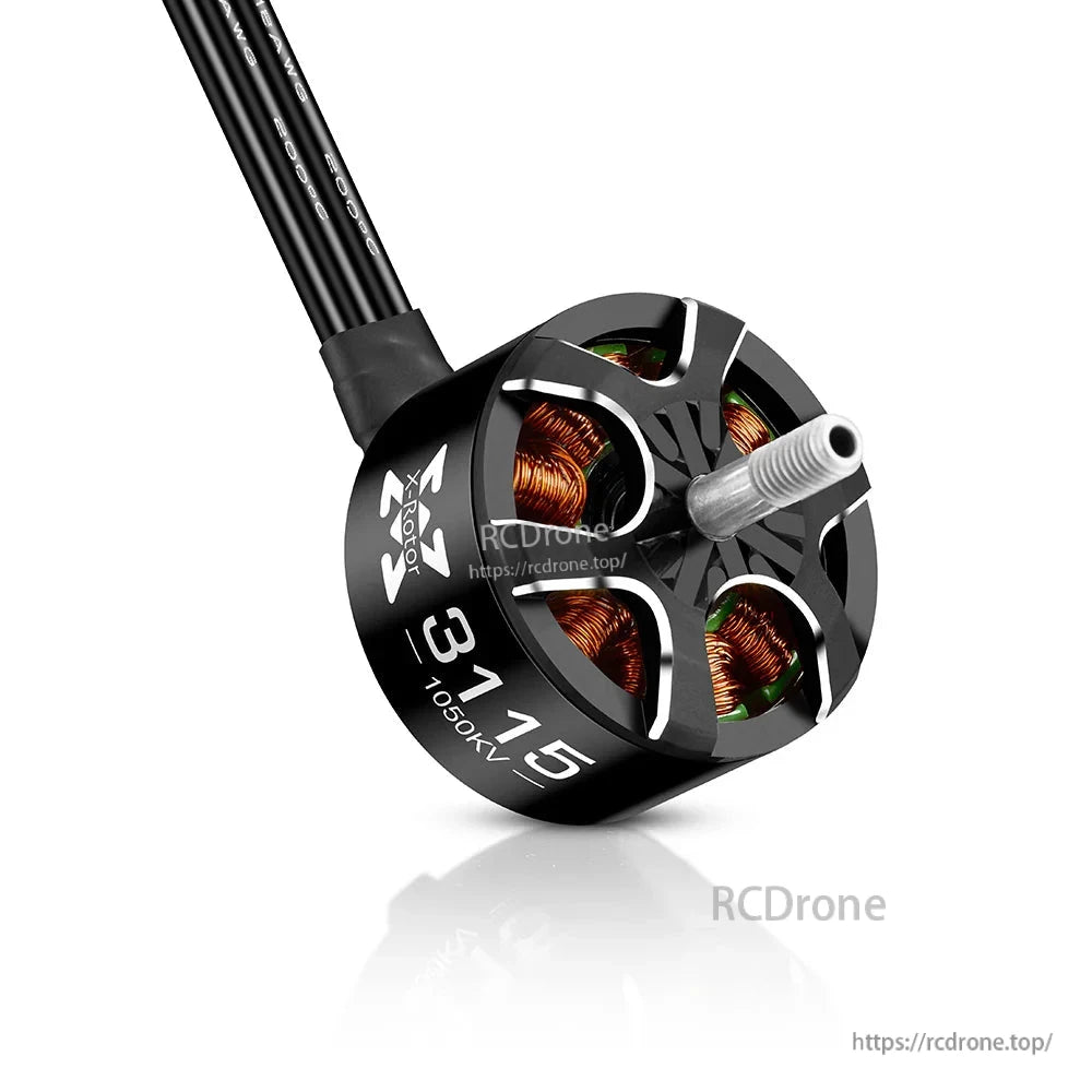 Hobbywing XRotor 3115 brushless FPV motor with open-can design, visible copper windings, three black motor wires and threaded shaft