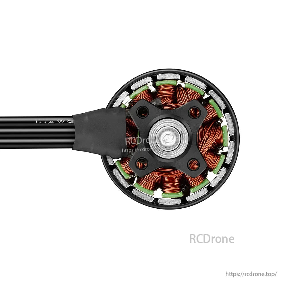 Hobbywing XRotor 3115 brushless FPV motor top view showing copper stator windings, four-hole bell mount and three power leads