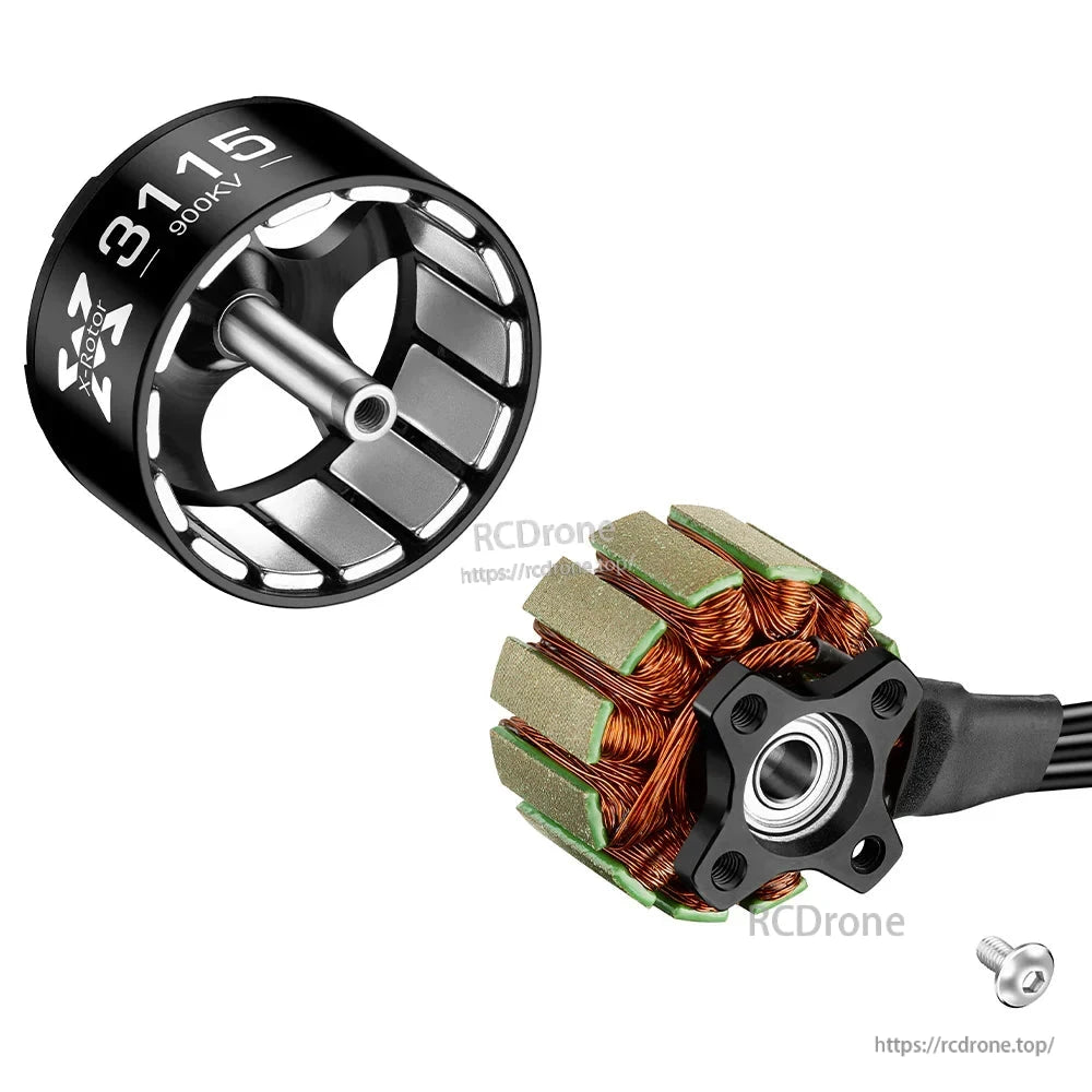 Hobbywing XRotor 3115 Brushless FPV Motor, Disassembled Hobbywing XRotor 3115 900KV brushless FPV motor showing black bell, copper-wound stator, mounting flange and mounting screw