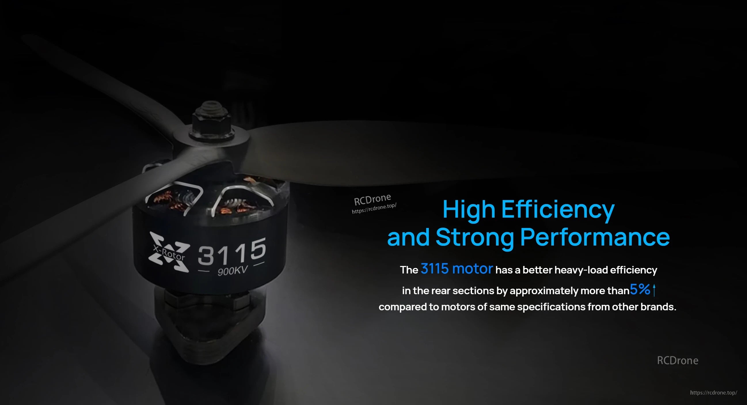 Hobbywing XRotor 3115 Brushless FPV Motor, Hobbywing X‑Rotor 3115 900KV brushless FPV motor with three‑blade prop, exposed stator coils and top prop nut