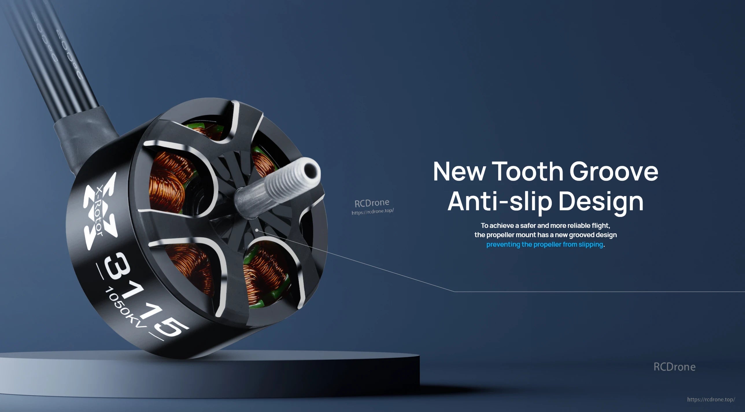 Close-up of Hobbywing XRotor 3115 brushless FPV motor showing 3115/1050KV marking, exposed copper stator windings and grooved propellershaft