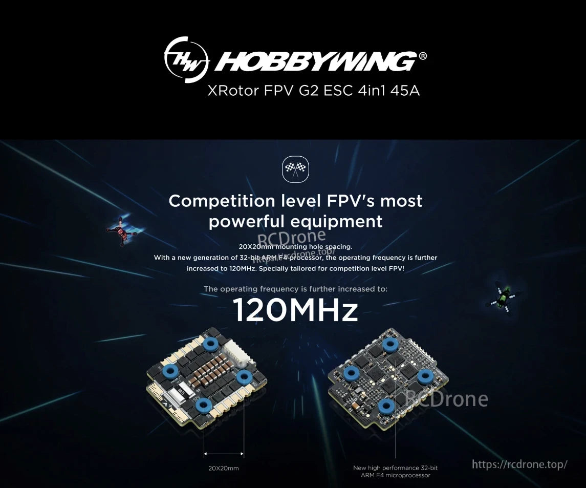 Hobbywing XRotor 45A 3-6S 20x20 4-in-1 ESC, Hobbywing XRotor FPV G2 45A 4-in-1 ESC board with 20x20mm mounting pattern and 120MHz ARM F4 processor