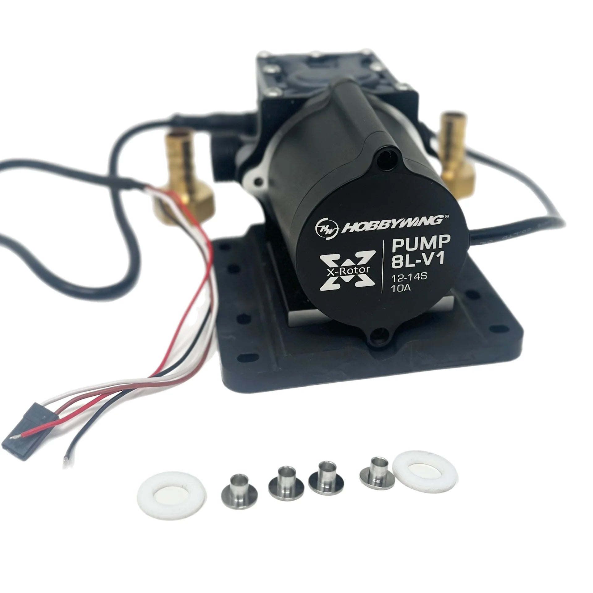 Hobbywing XRotor 8L/min Brushless Water Pump, Hobbywing XRotor brushless water pump 8L-V1 with mounting plate, brass hose fittings, and wiring harness
