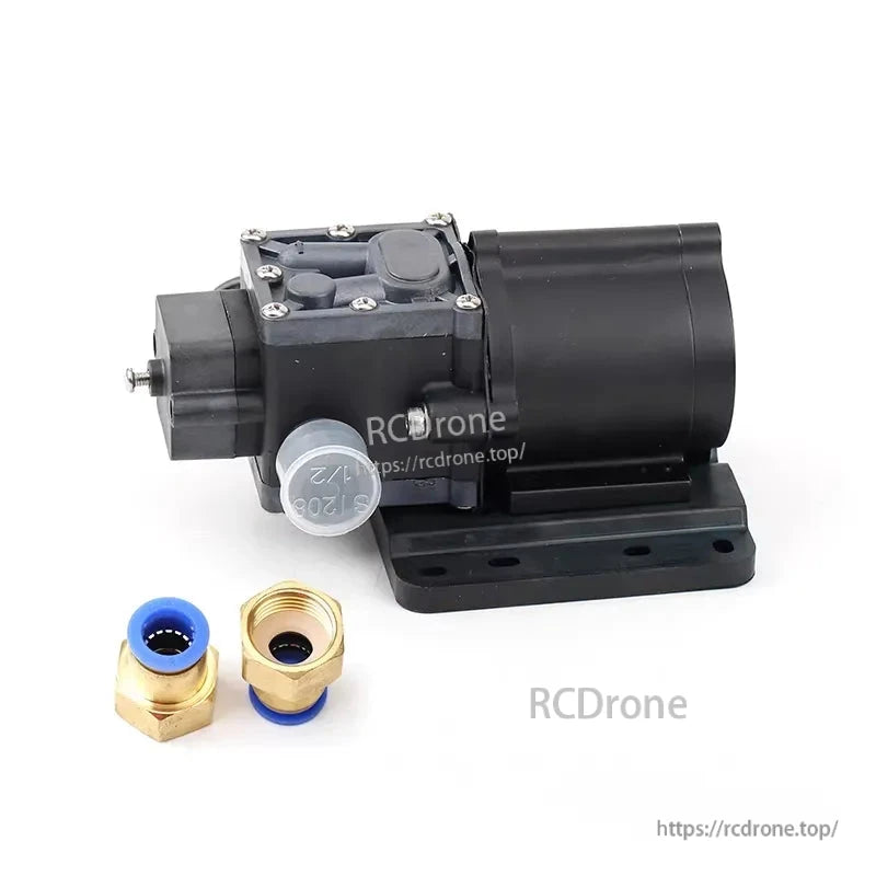 Hobbywing XRotor 8L/min Brushless Water Pump, Hobbywing XRotor brushless water pump with mounting base and two brass hose fittings on a white background