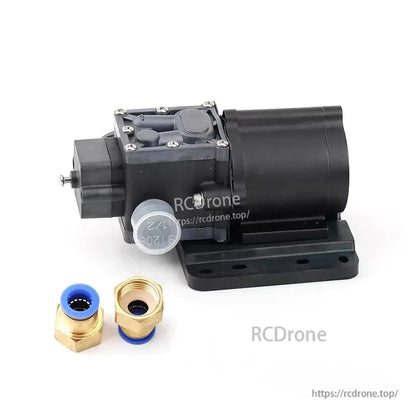 Hobbywing XRotor 8L/min Brushless Water Pump, Hobbywing XRotor brushless water pump with mounting base and two brass hose fittings on a white background