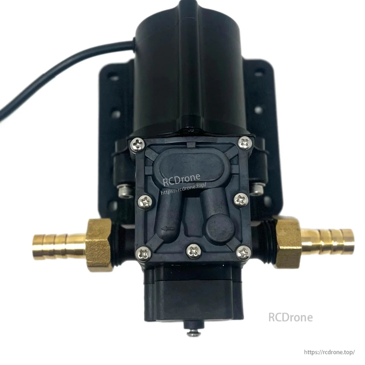 Hobbywing XRotor 8L/min Brushless Water Pump, Hobbywing XRotor brushless water pump with brass hose barbs, black housing, and mounting bracket