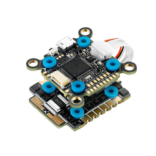 Hobbywing XRotor FPV drone stack with F7 flight controller and 4-in-1 ESC, blue soft mounts, USB-C and DJI plug cable