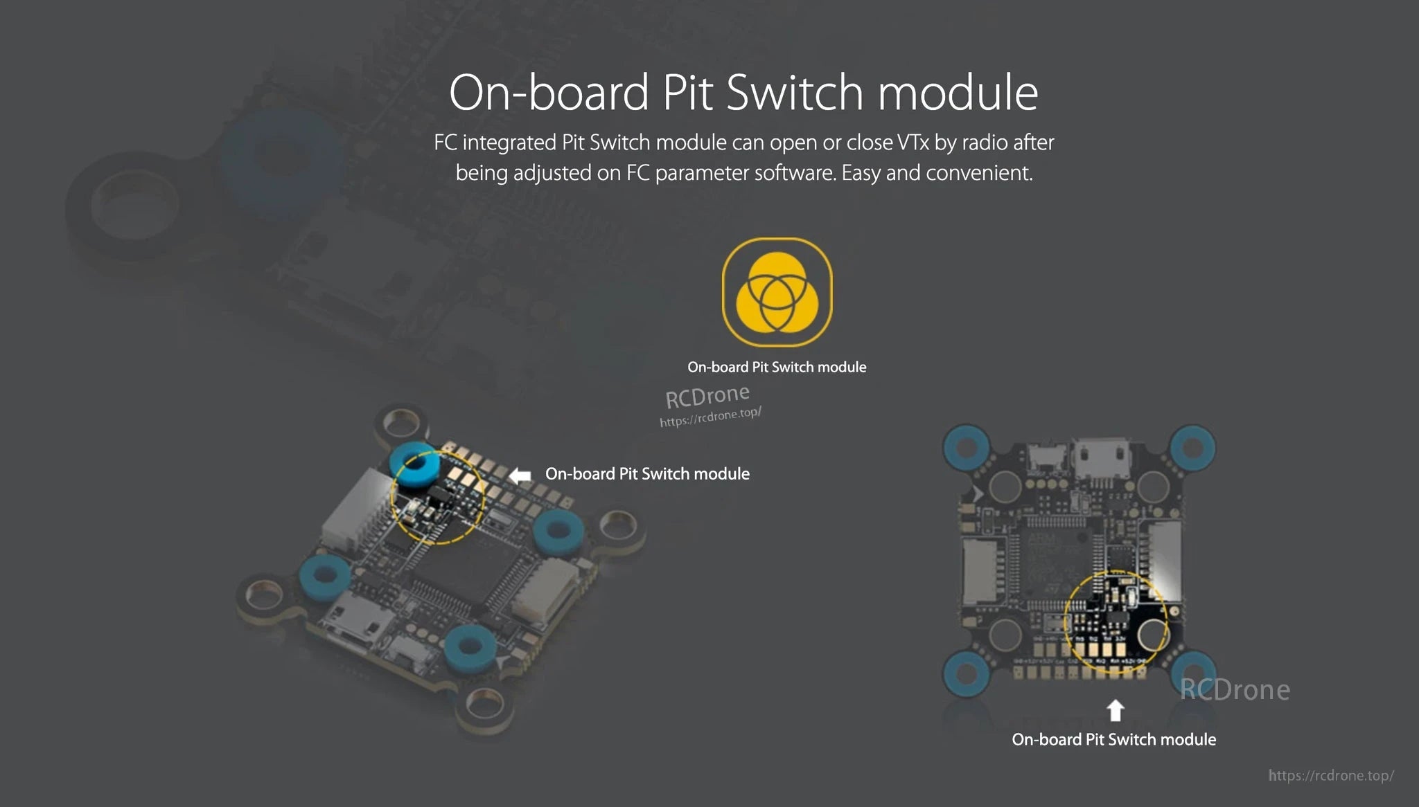 Hobbywing XRotor F7 flight controller close-up highlighting the on-board Pit Switch module for VTX control