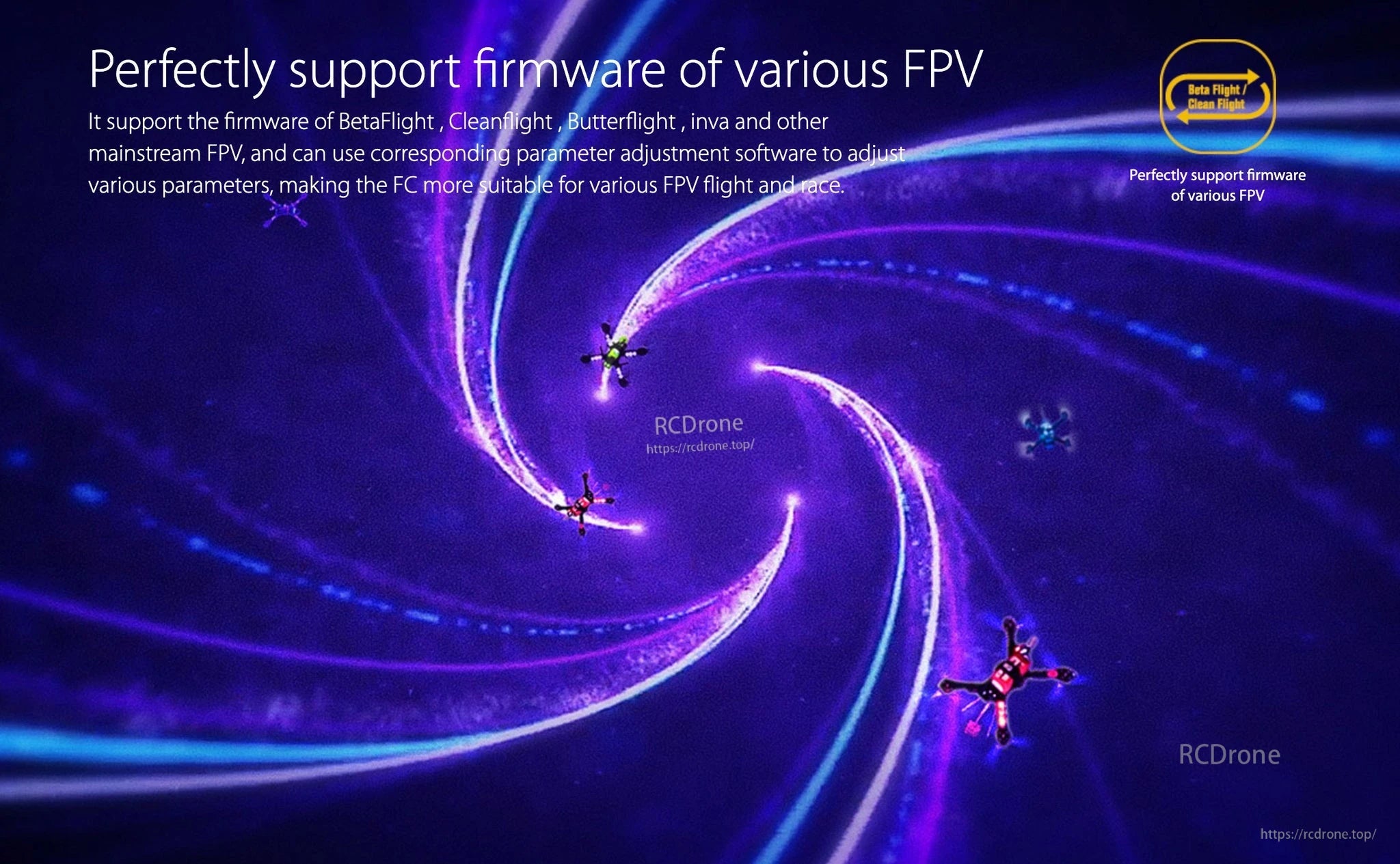 Graphic stating FPV flight controller supports Betaflight, Cleanflight, Butterflight, INAV and other mainstream firmware