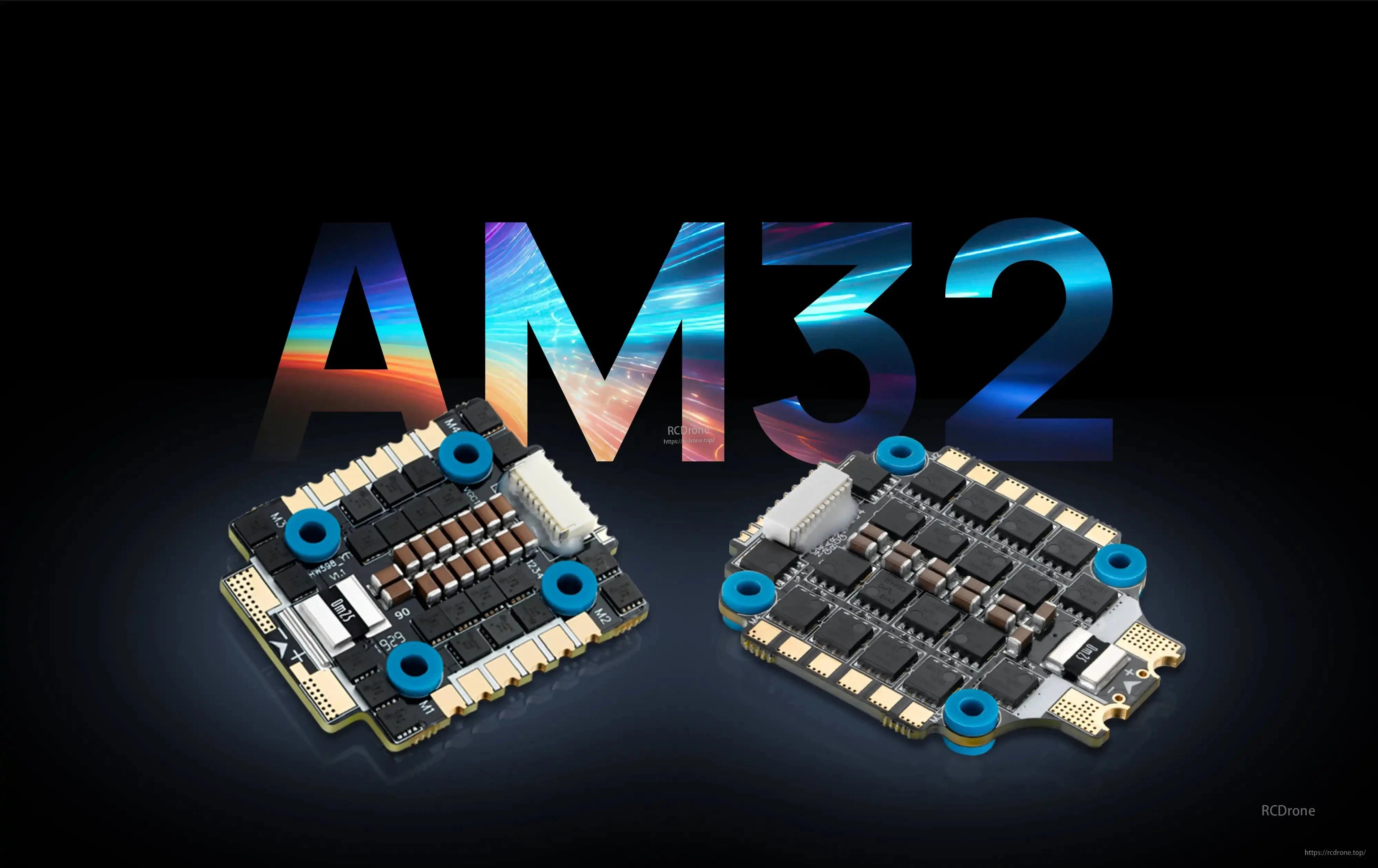 Hobbywing XRotor AM32 FPV stack boards with 4-in-1 ESC layout, solder pads, and blue mounting grommets