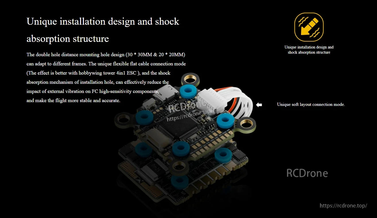 Hobbywing XRotor F7 flight controller board with soft-mount grommets, wiring plug, and 30x30/20x20 mounting holes
