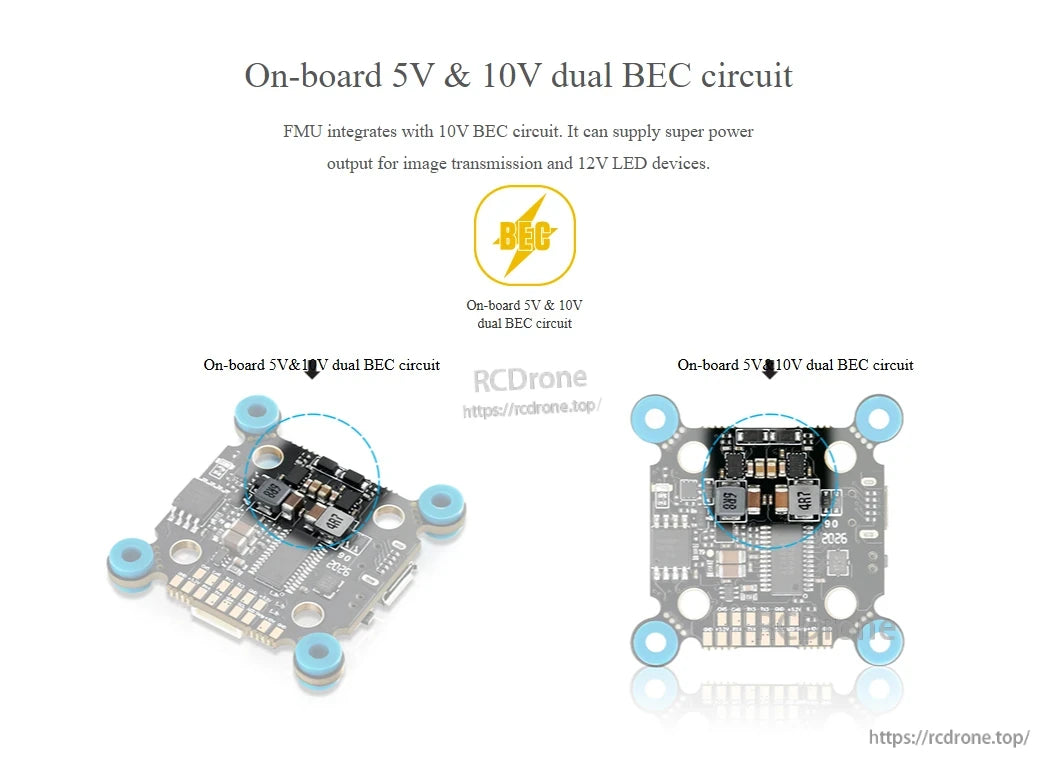 Hobbywing XRotor F7 flight controller board highlighting on-board 5V and 10V dual BEC circuit components