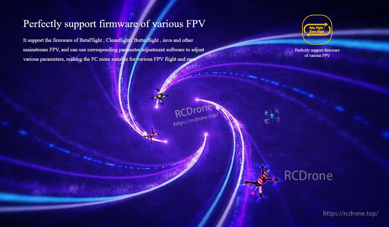 Graphic for Hobbywing XRotor F7 flight controller noting support for Betaflight, Cleanflight, Butterflight and INAV