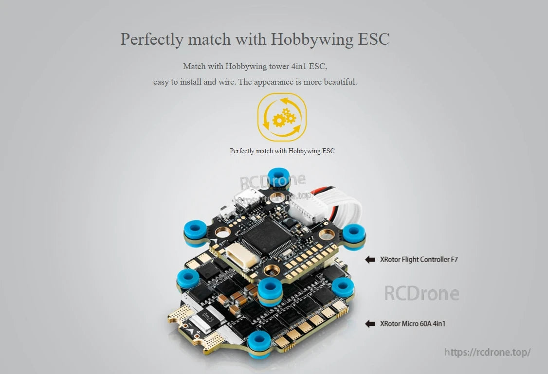 Hobbywing XRotor F7 flight controller stacked on a Hobbywing 4-in-1 ESC with blue soft mounts and wiring plug
