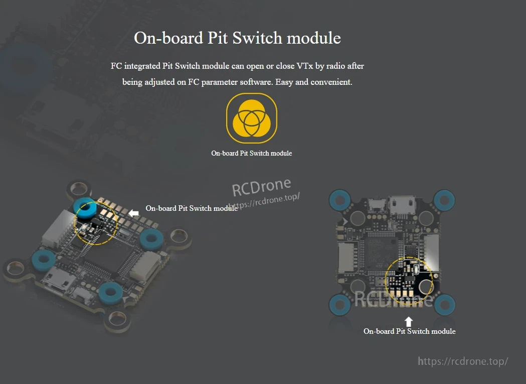 Hobbywing XRotor F7 flight controller board with highlighted on-board Pit Switch module component area