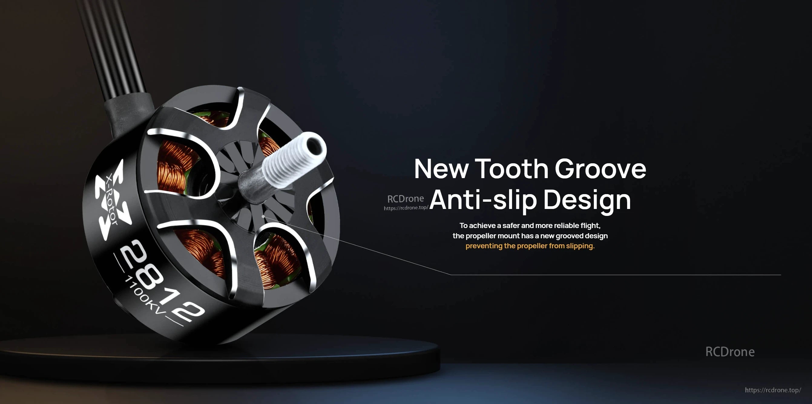 Hobbywing XRotor FPV 2812 FPV Motor, Hobbywing XRotor 2812 FPV brushless motor close-up with grooved prop mount, black housing and 1100KV label