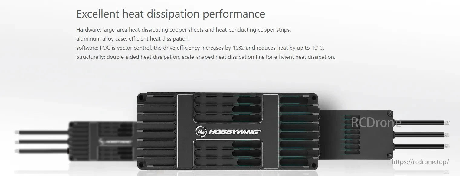 Hobbywing XRotor H120A 14S Foc V1 ESC, Drone hardware uses copper and aluminum for heat dissipation, software employs FOC control for efficiency and cooling, with scale-shaped fin design enhancing performance.