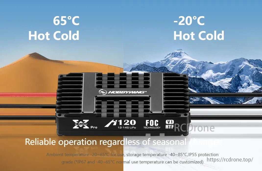 Hobbywing XRotor H120A 14S Foc V1 ESC, Hobbywing X-Rotor Pro A120 FOC RTF: Reliable year-round operation, IP55 protection, ambient temp -20~65°C, storage -40~85°C.